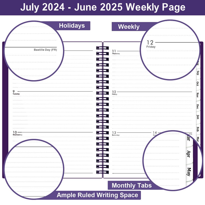 BooQool 2024-2025 Planner - JULY 2024 - JUNE 2025, Planner 2024-2025, Academic Planner Weekly and Monthly with Tabs, 6.25""    8.3"", Strong Twin-Wire Binding, Round Corner, Improving Your Time Management Skill - Image 3